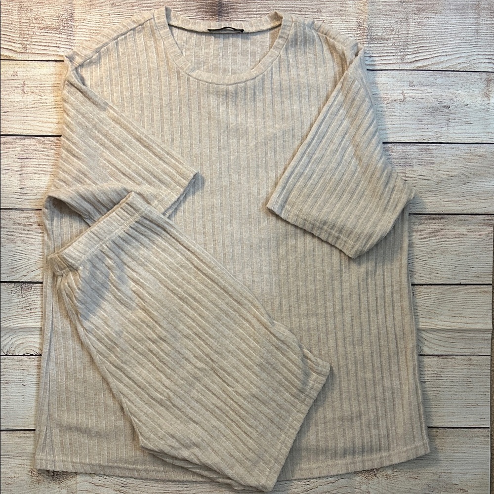 SHEIN Curve Ribbed Knit Lounge Set - Beige - Picture 1 of 3